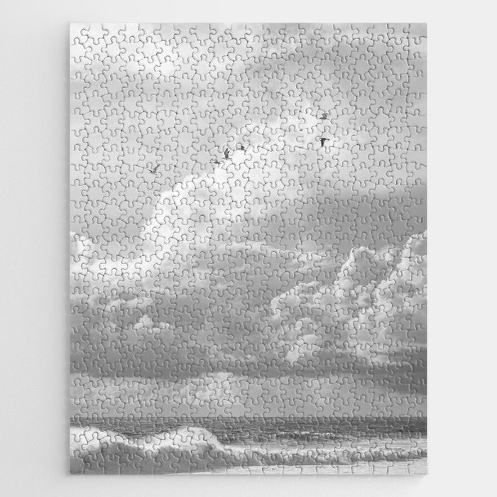 Seagulls in Nazaré Photo | Black and White Travel Photography in Portugal | Clouds and Waves Nature Art Print Jigsaw Puzzle Gallery Image 1