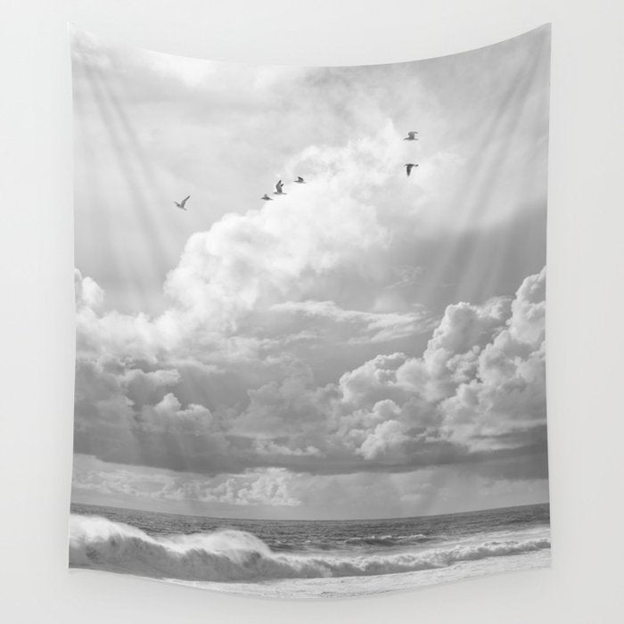 Seagulls in Nazaré Photo | Black and White Travel Photography in Portugal | Clouds and Waves Nature Art Print Wall Tapestry Gallery Image 1