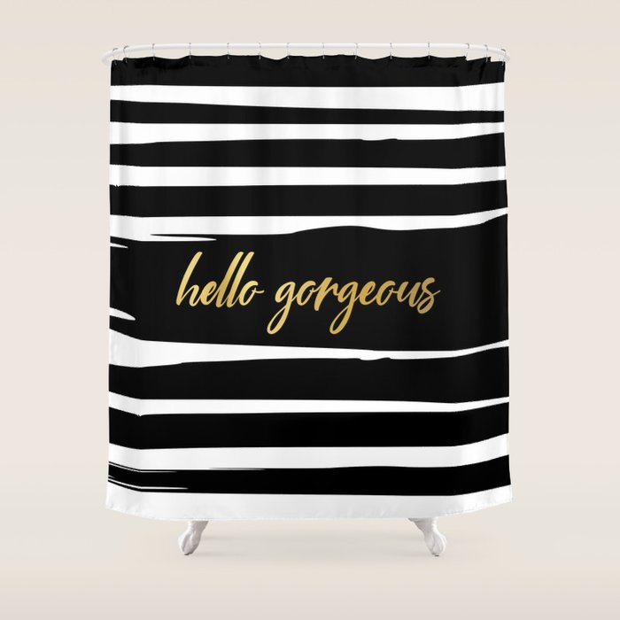 Hello Gorgeous, Gold, Black and White Print Shower Curtain Gallery Image 1