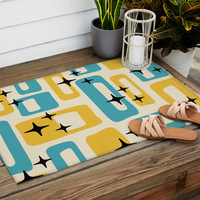 Retro Mid Century Modern Abstract Pattern 224 Blue and Yellow Outdoor Rug Gallery Image 2