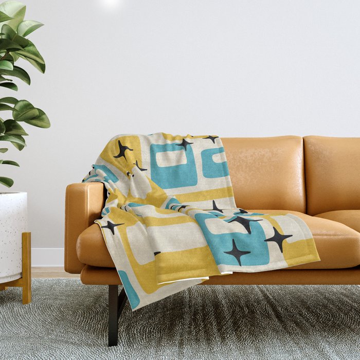 Retro Mid Century Modern Abstract Pattern 224 Blue and Yellow Throw Blanket Gallery Image 1