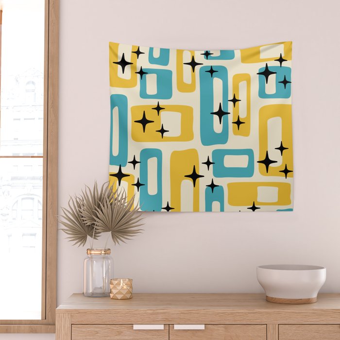 Retro Mid Century Modern Abstract Pattern 224 Blue and Yellow Wall Tapestry Gallery Image 2