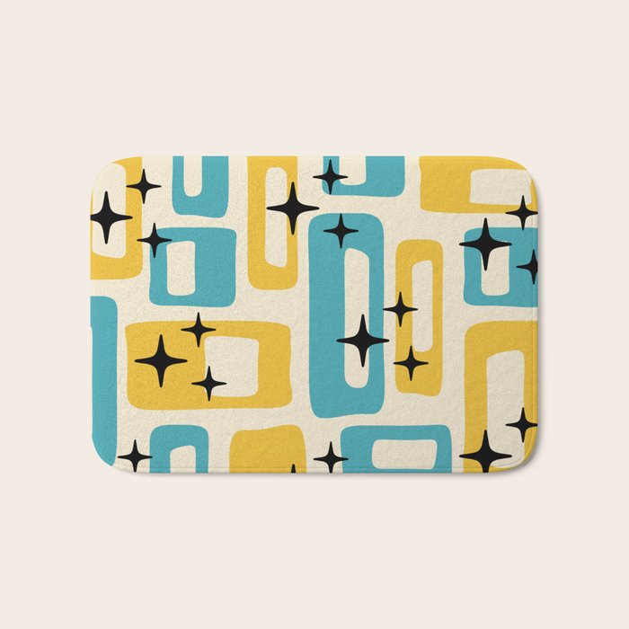 Retro Mid Century Modern Abstract Pattern 224 Blue and Yellow Bath Mat Gallery Image 1