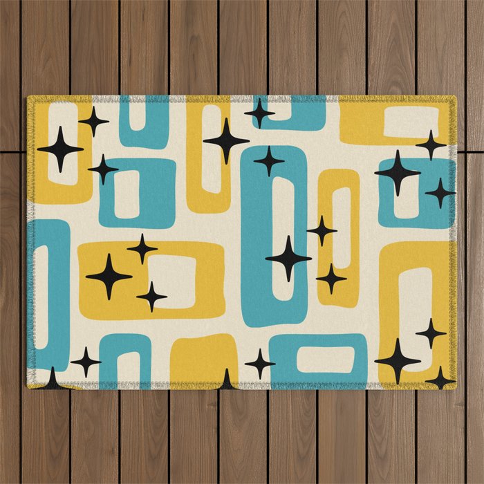 Retro Mid Century Modern Abstract Pattern 224 Blue and Yellow Outdoor Rug Gallery Image 1