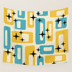 Retro Mid Century Modern Abstract Pattern 224 Blue and Yellow Wall Tapestry Gallery Image 4