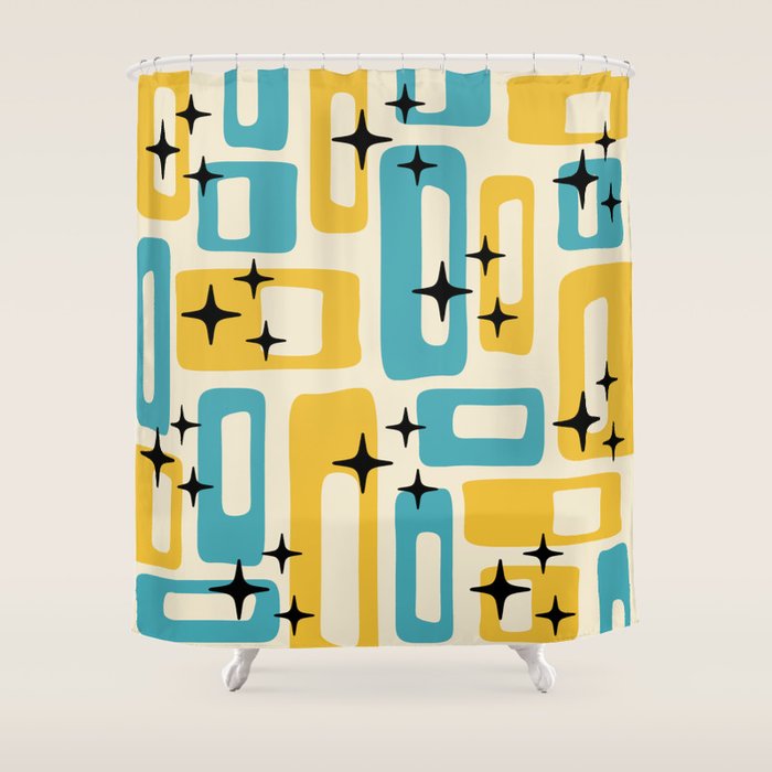 Retro Mid Century Modern Abstract Pattern 224 Blue and Yellow Shower Curtain Gallery Image 1