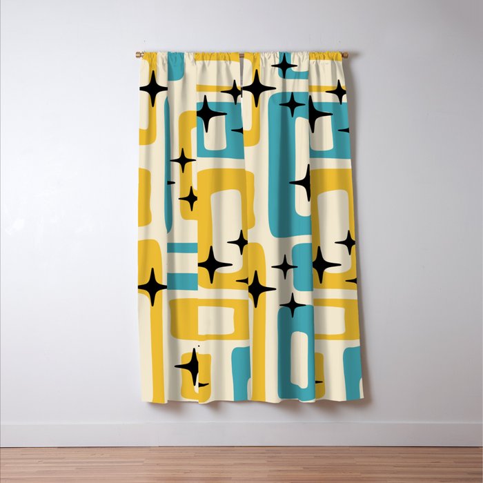 Retro Mid Century Modern Abstract Pattern 224 Blue and Yellow Window Curtain Gallery Image 3