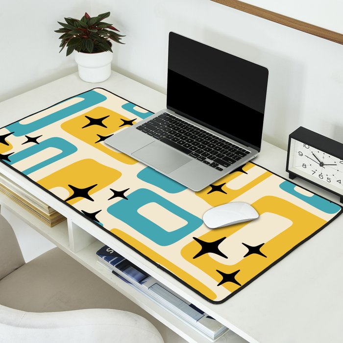 Retro Mid Century Modern Abstract Pattern 224 Blue and Yellow Desk Mat Gallery Image 2