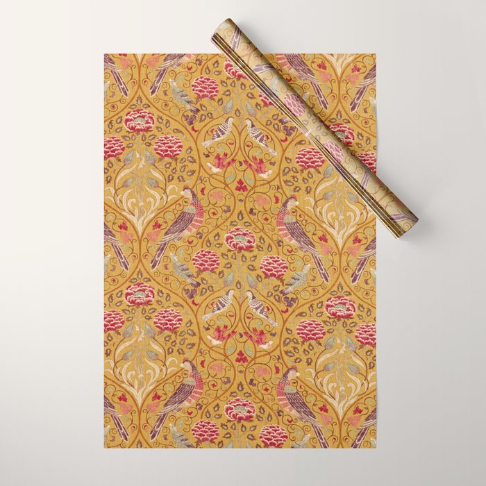 William Morris Seasons by May Melsetter Bird Pattern Saffron Gold Yellow Wrapping Paper Gallery Image 1
