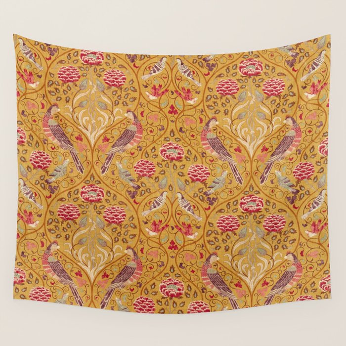 William Morris Seasons by May Melsetter Bird Pattern Saffron Gold Yellow Wall Tapestry Gallery Image 4