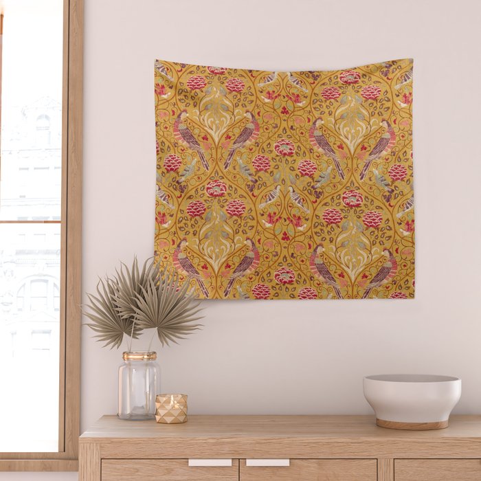 William Morris Seasons by May Melsetter Bird Pattern Saffron Gold Yellow Wall Tapestry Gallery Image 2