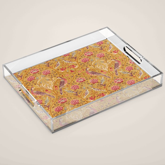 William Morris Seasons by May Melsetter Bird Pattern Saffron Gold Yellow Acrylic Tray Gallery Image 1