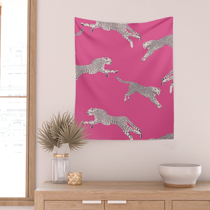 Leaping Cheetahs  Magenta Wall Tapestry Gallery Image 2