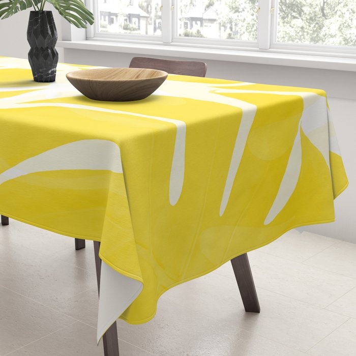 Mellow Yellow Monstera Leaves White Background #decor #society6 #buyart Tablecloth Gallery Image 3