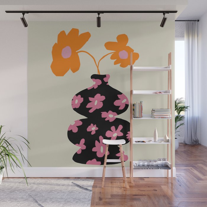 Black floral Vase Wall Mural Gallery Image 1