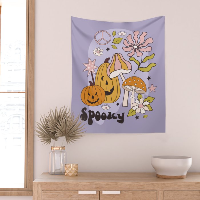Hippie Groovy Halloween Print in Pastel Lilac Wall Tapestry Gallery Image 2