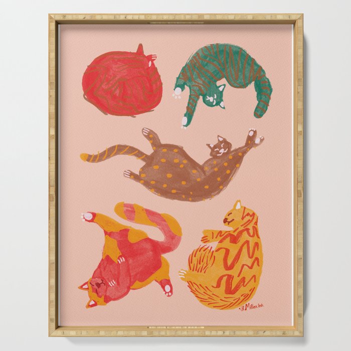 Sleepy Cozy Kitty Cats in Green & Orange Serving Tray Gallery Image 1