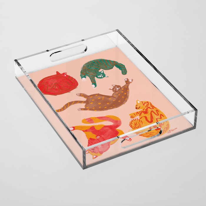 Sleepy Cozy Kitty Cats in Green & Orange Acrylic Tray Gallery Image 1
