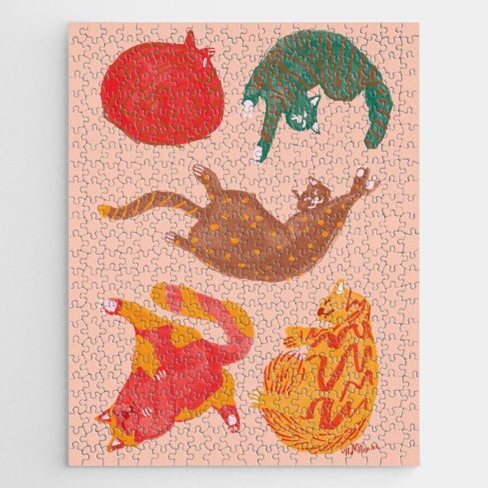 Sleepy Cozy Kitty Cats in Green & Orange Jigsaw Puzzle Gallery Image 1
