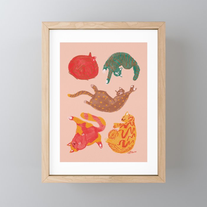 Sleepy Cozy Kitty Cats in Green & Orange Mini Art Print Gallery Image 1