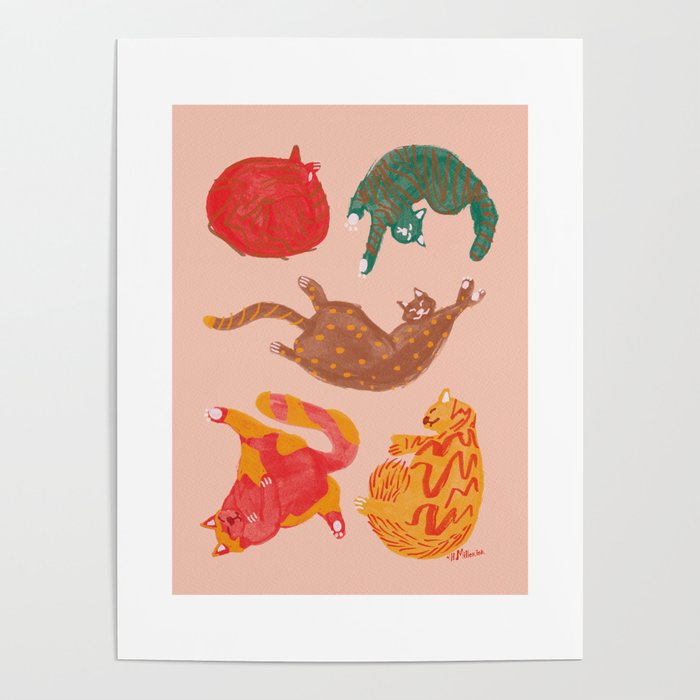 Sleepy Cozy Kitty Cats in Green & Orange Poster Gallery Image 1