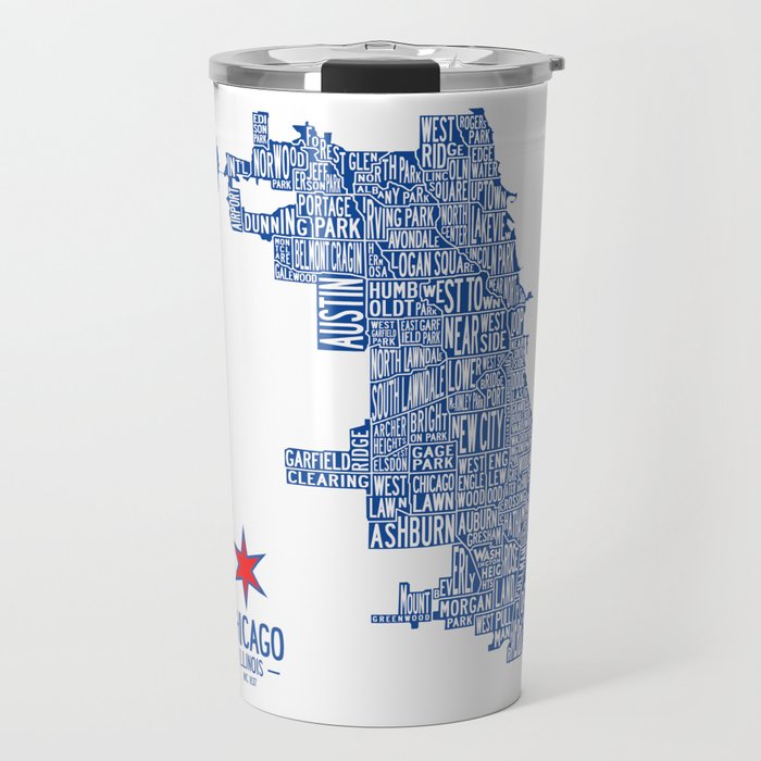 Chicago Neighborhood Map in Blue Travel Mug Gallery Image 1