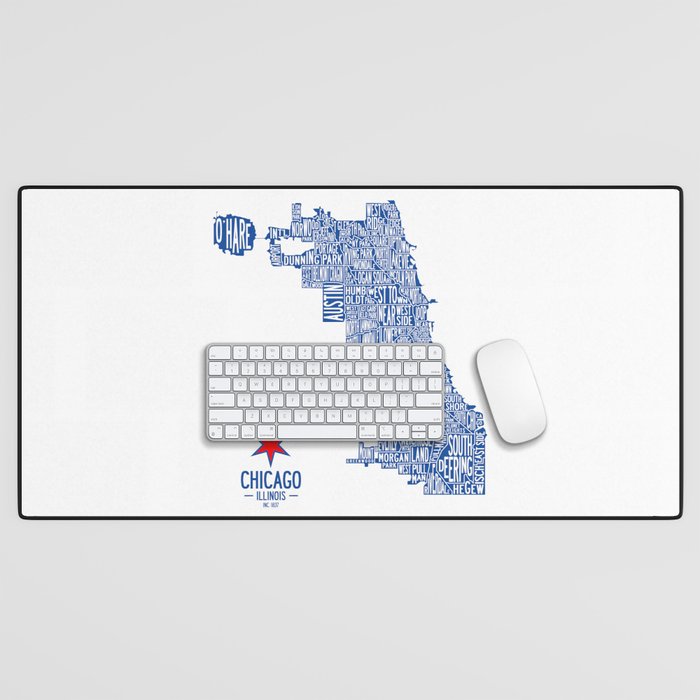 Chicago Neighborhood Map in Blue Desk Mat Gallery Image 1