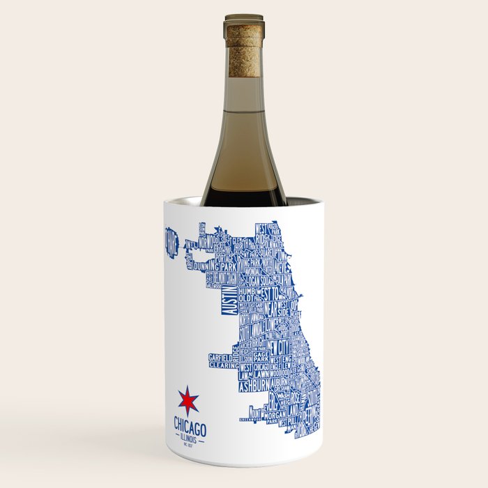 Chicago Neighborhood Map in Blue Wine Chiller Gallery Image 1