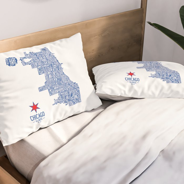 Chicago Neighborhood Map in Blue Pillow Sham Gallery Image 2