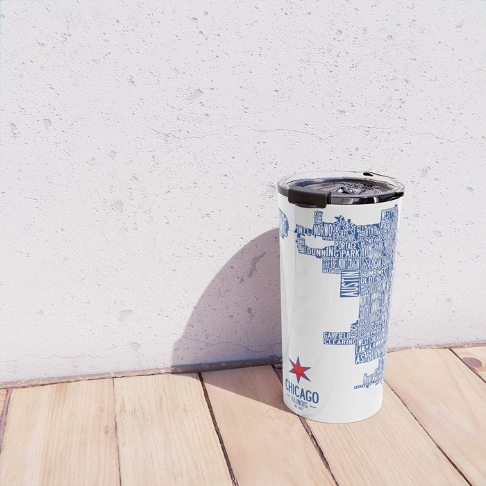 Chicago Neighborhood Map in Blue Travel Mug Gallery Image 4