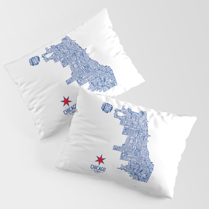 Chicago Neighborhood Map in Blue Pillow Sham Gallery Image 1