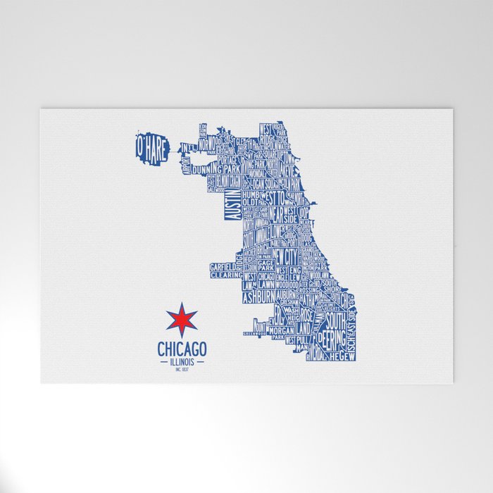 Chicago Neighborhood Map in Blue Welcome Mat Gallery Image 1