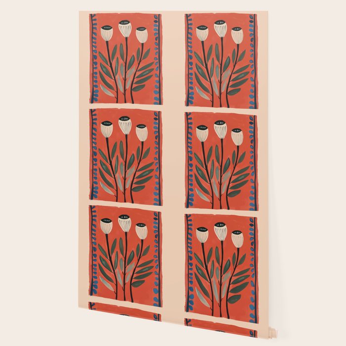 Terracotta Poppy Pod Folk Art Wallpaper Gallery Image 2