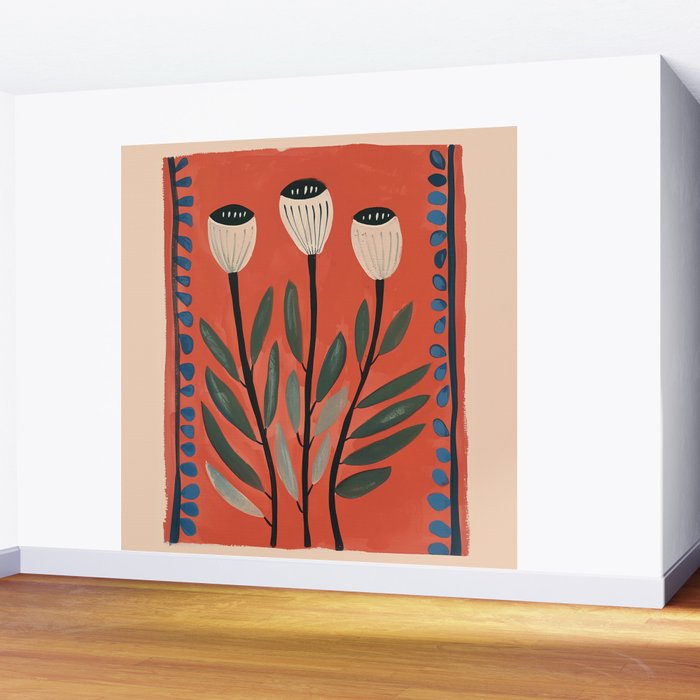 Terracotta Poppy Pod Folk Art Wall Mural Gallery Image 2