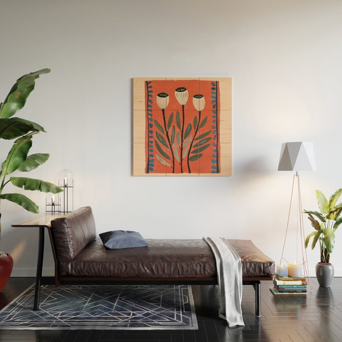 Terracotta Poppy Pod Folk Art Wood Wall Art Gallery Image 2