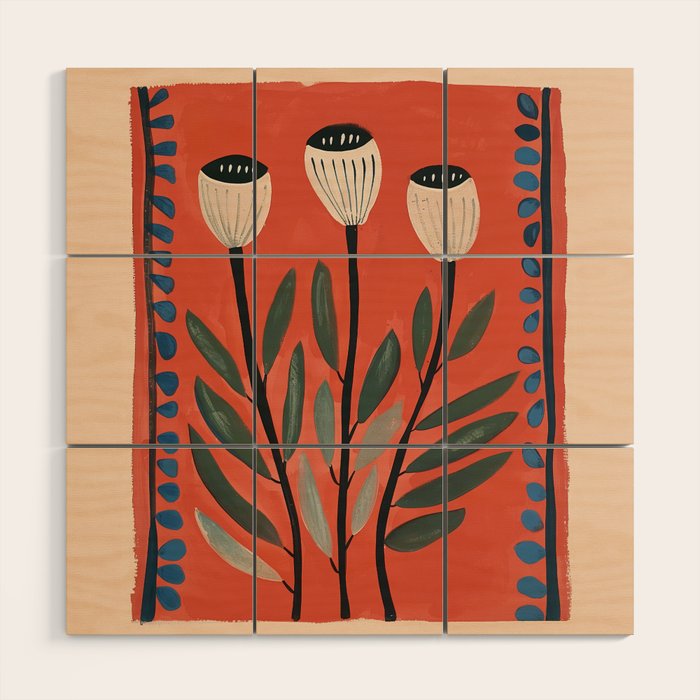 Terracotta Poppy Pod Folk Art Wood Wall Art Gallery Image 1
