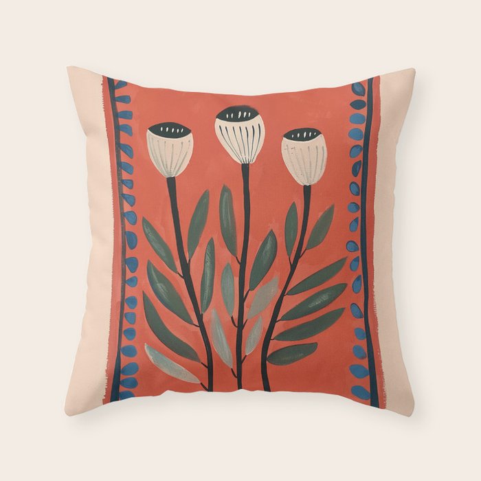 Terracotta Poppy Pod Folk Art Throw Pillow Gallery Image 1