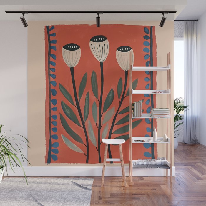 Terracotta Poppy Pod Folk Art Wall Mural Gallery Image 1
