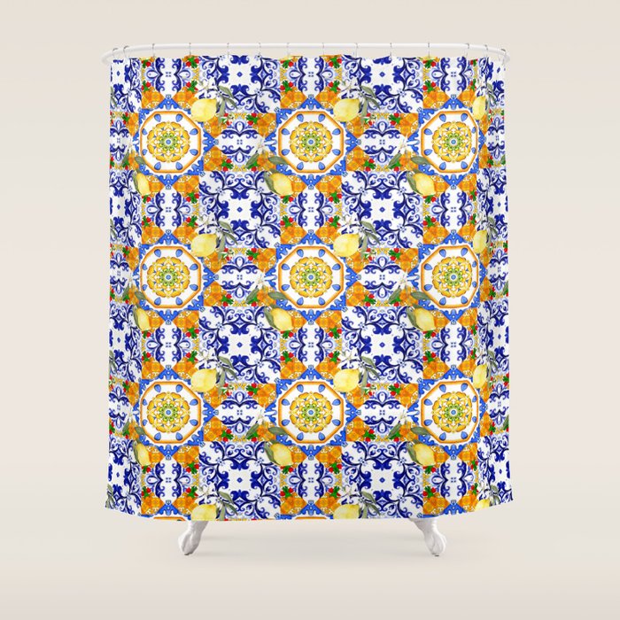 Summer,citrus,mosaic,lemon fruit,Mediterranean art Shower Curtain Gallery Image 1