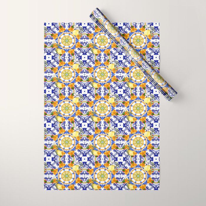 Summer,citrus,mosaic,lemon fruit,Mediterranean art Wrapping Paper Gallery Image 1