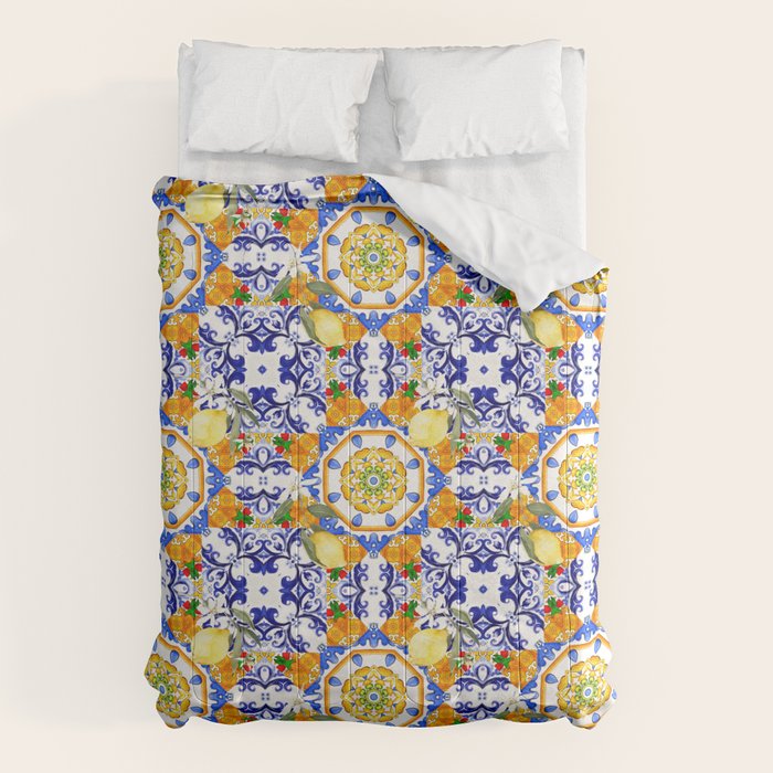 Summer,citrus,mosaic,lemon fruit,Mediterranean art Comforter Gallery Image 1
