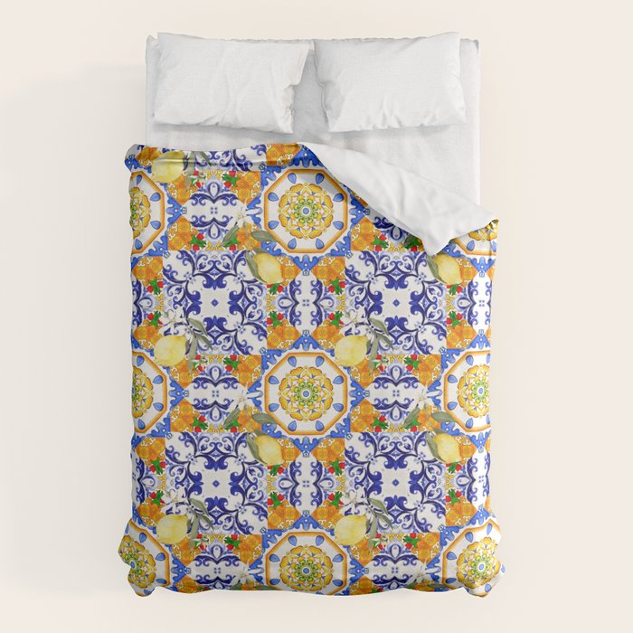 Summer,citrus,mosaic,lemon fruit,Mediterranean art Duvet Cover Gallery Image 6