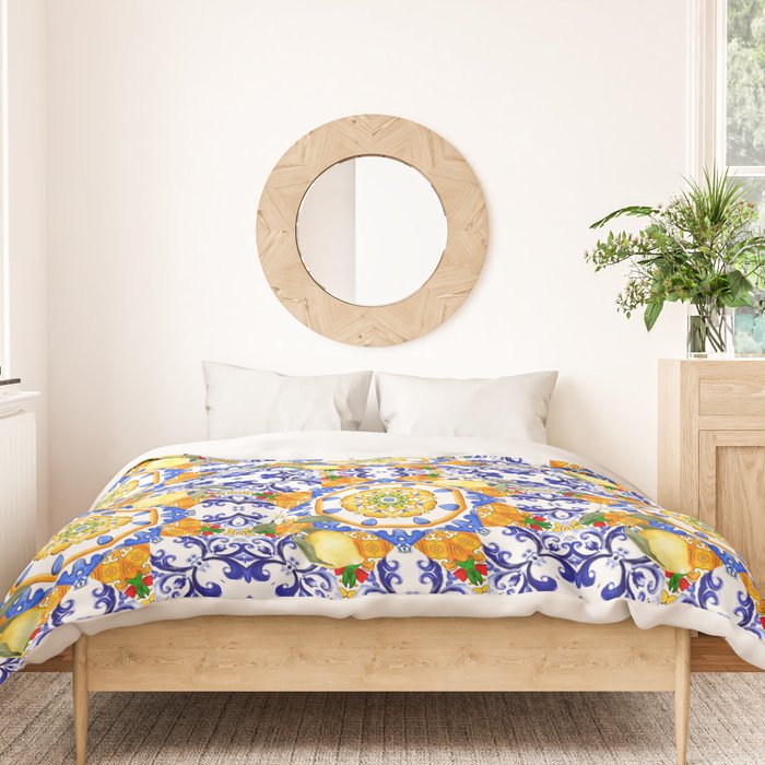 Summer,citrus,mosaic,lemon fruit,Mediterranean art Duvet Cover Gallery Image 3