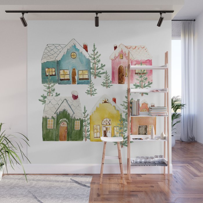 Colorful Winter Cottages Wall Mural Gallery Image 1