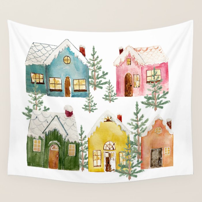 Colorful Winter Cottages Wall Tapestry Gallery Image 4
