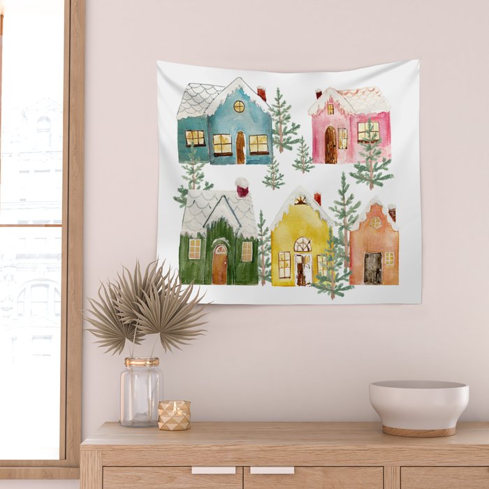 Colorful Winter Cottages Wall Tapestry Gallery Image 2