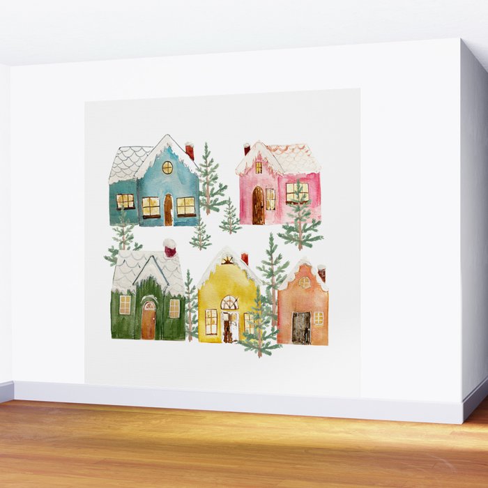 Colorful Winter Cottages Wall Mural Gallery Image 2