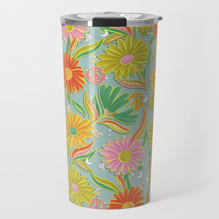 Drippy Daisy Dreamscape - Electric on Blue Travel Mug Gallery Image 1
