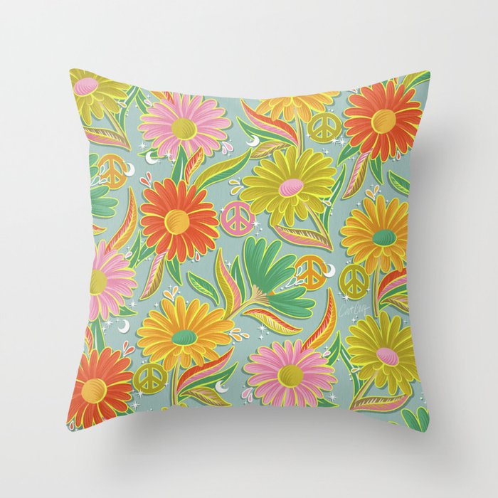 Drippy Daisy Dreamscape - Electric on Blue Throw Pillow Gallery Image 6
