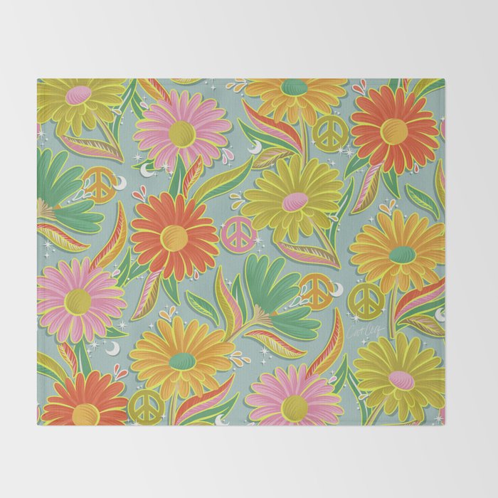 Drippy Daisy Dreamscape - Electric on Blue Throw Blanket Gallery Image 2